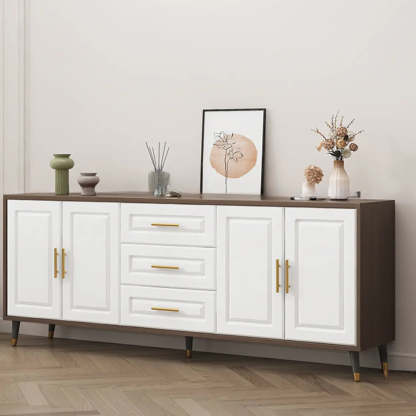 Light Walnut Wood Rectangular TV Stand with Drawers — Warm White / 3