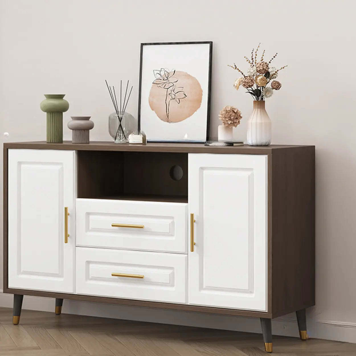 Light Walnut Wood Rectangular TV Stand with Drawers — Warm White / 2