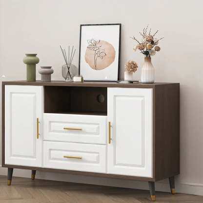 Light Walnut Wood Rectangular TV Stand with Drawers — Warm White / 2