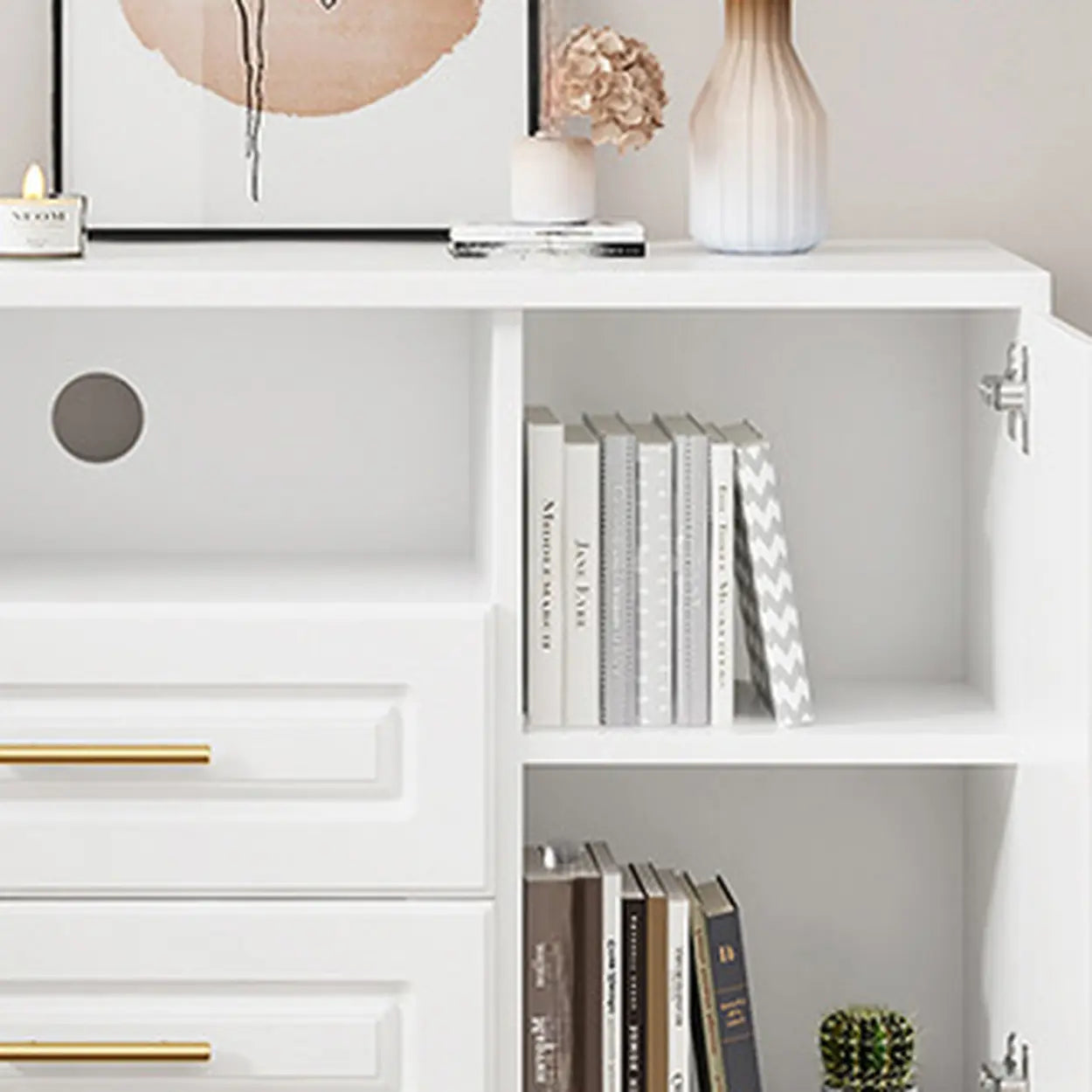 Light Walnut Wood Rectangular TV Stand with Drawers — Warm White / 3