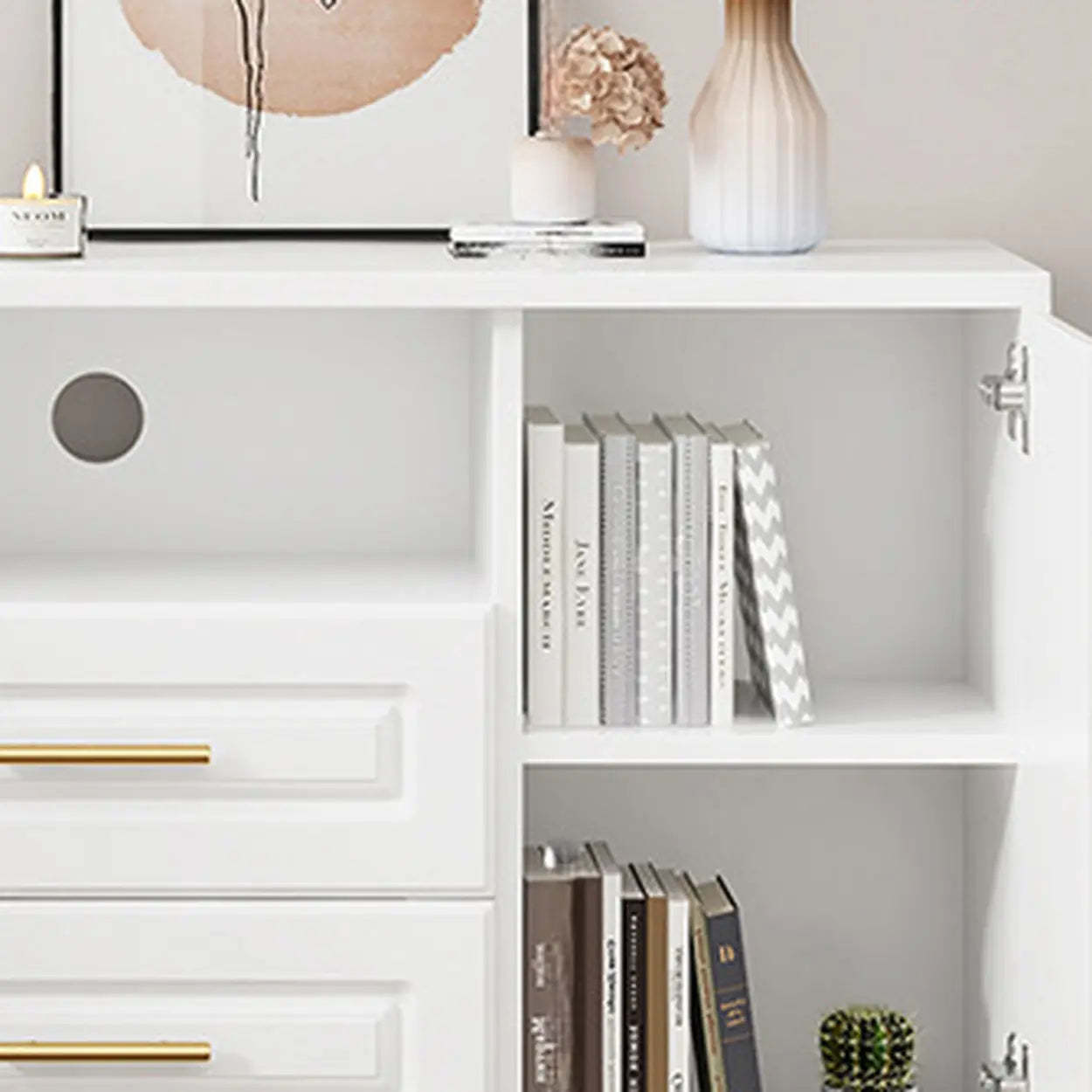 Light Walnut Wood Rectangular TV Stand with Drawers — Warm White / 3