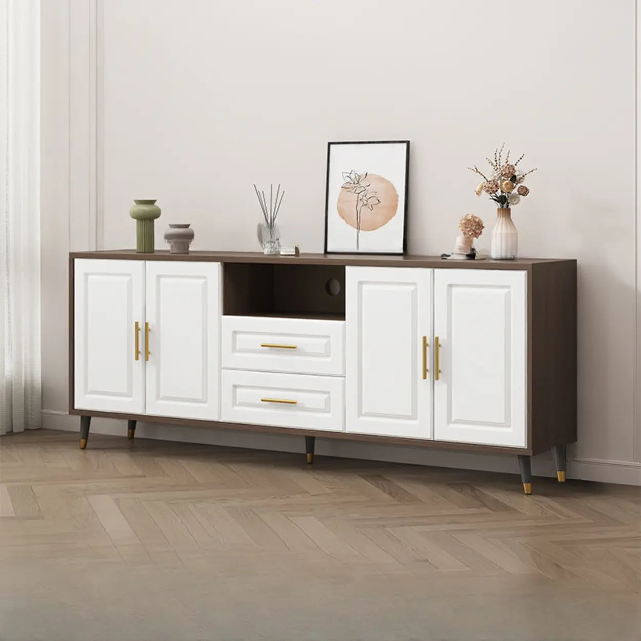 Light Walnut Wood Rectangular TV Stand with Drawers — Light Walnut / 3