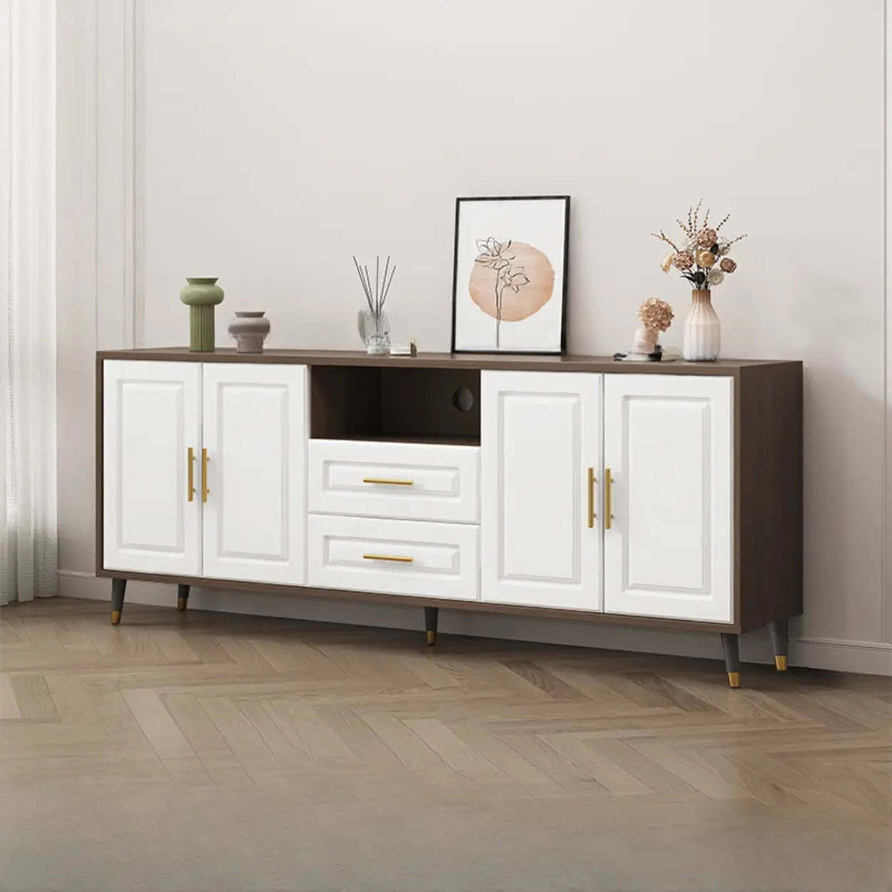 Light Walnut Wood Rectangular TV Stand with Drawers — Light Walnut / 3