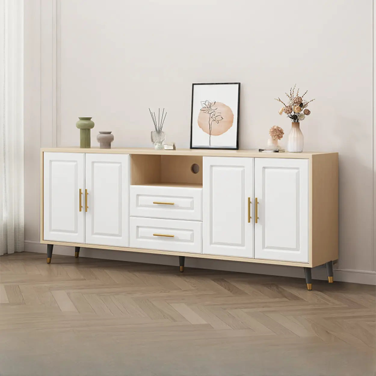 Light Walnut Wood Rectangular TV Stand with Drawers — Light Walnut / 2