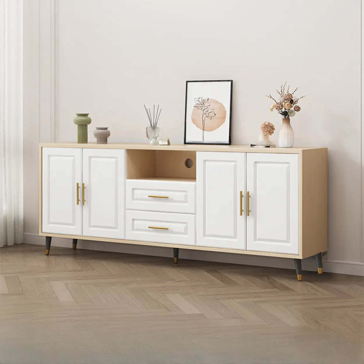 Light Walnut Wood Rectangular TV Stand with Drawers — Light Walnut / 2