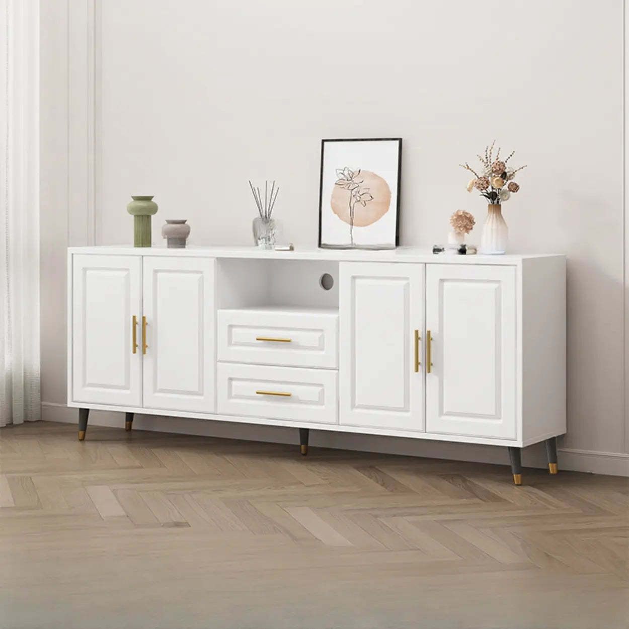 Light Walnut Wood Rectangular TV Stand with Drawers — Light Walnut / 3