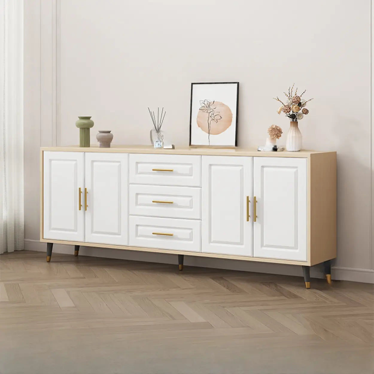 Light Walnut Wood Rectangular TV Stand with Drawers — Light Walnut / 2