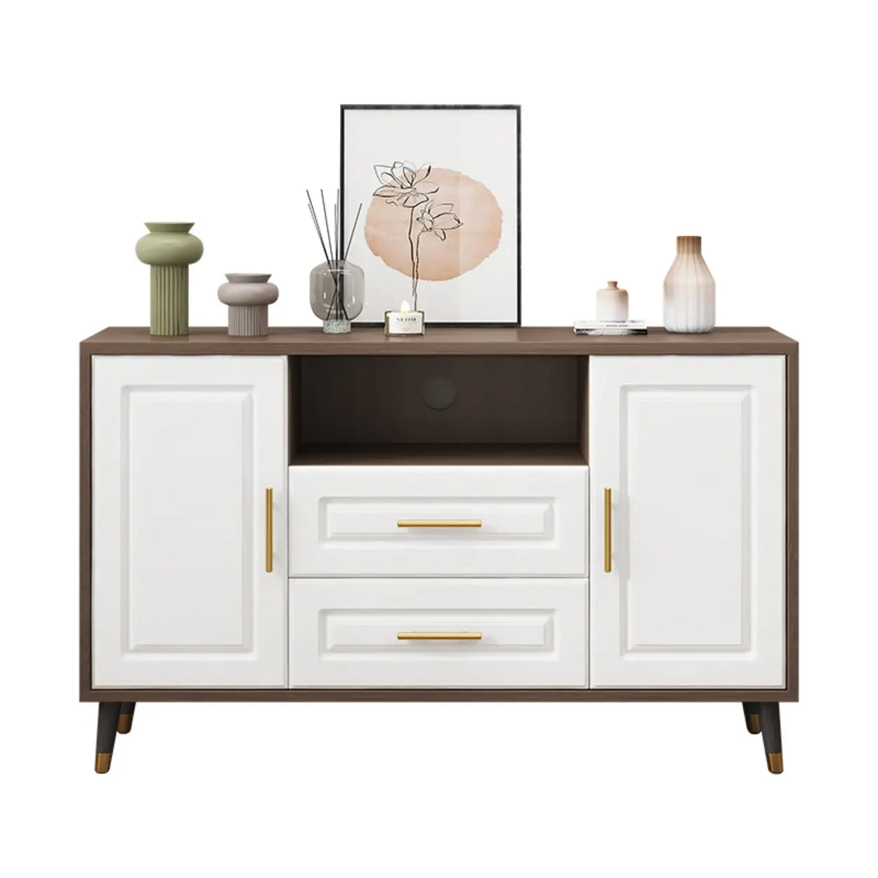 Light Walnut Wood Rectangular TV Stand with Drawers — Warm White / 3