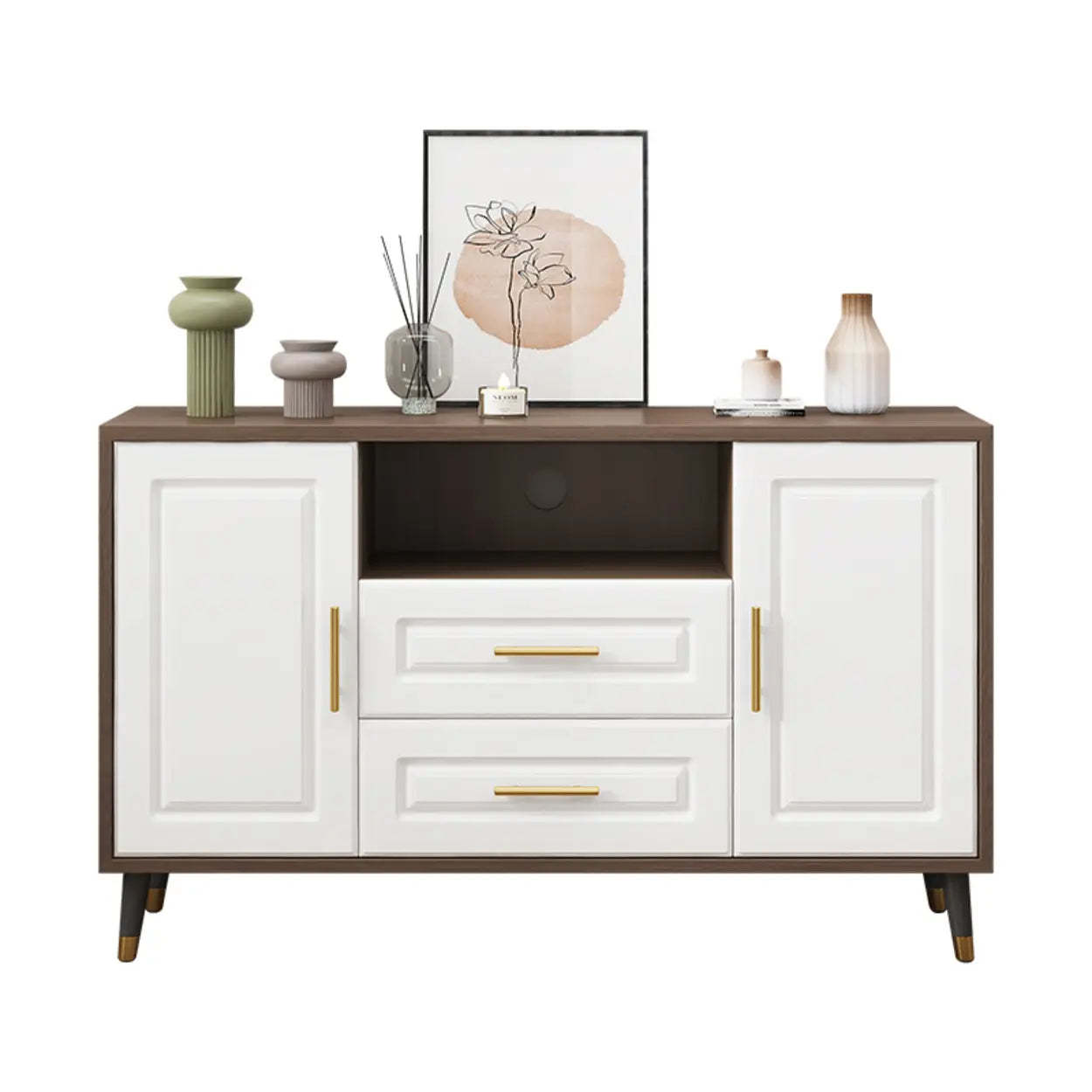 Light Walnut Wood Rectangular TV Stand with Drawers — Warm White / 3