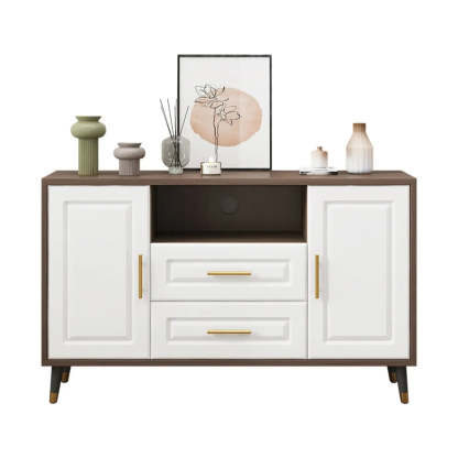 Light Walnut Wood Rectangular TV Stand with Drawers — Warm White / 3