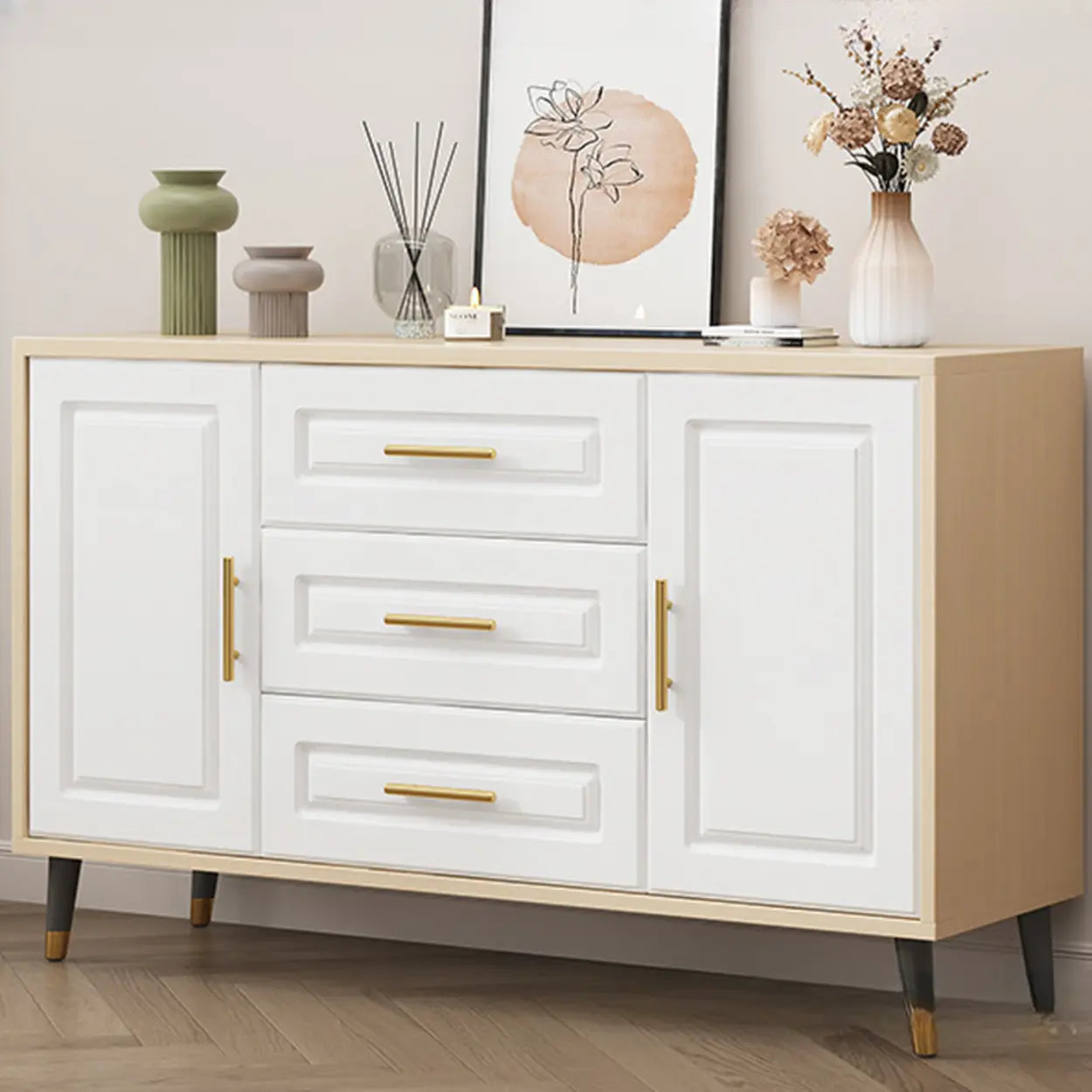 Light Walnut Wood Rectangular TV Stand with Drawers — Warm White / 2