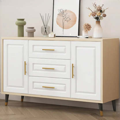 Light Walnut Wood Rectangular TV Stand with Drawers — Warm White / 2