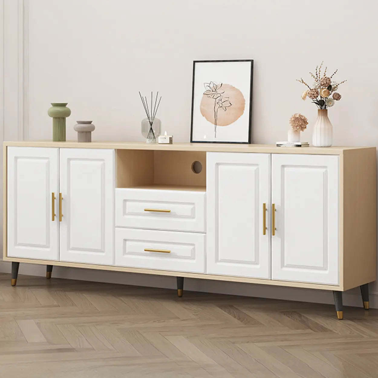 Light Walnut Wood Rectangular TV Stand with Drawers — Warm White / 3