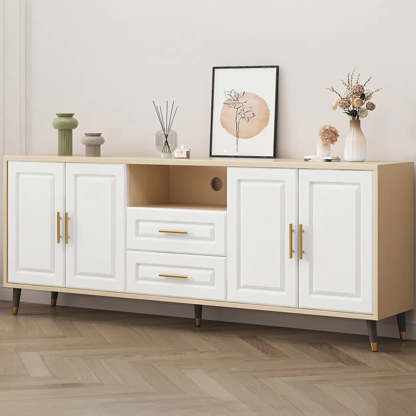 Light Walnut Wood Rectangular TV Stand with Drawers — Warm White / 3