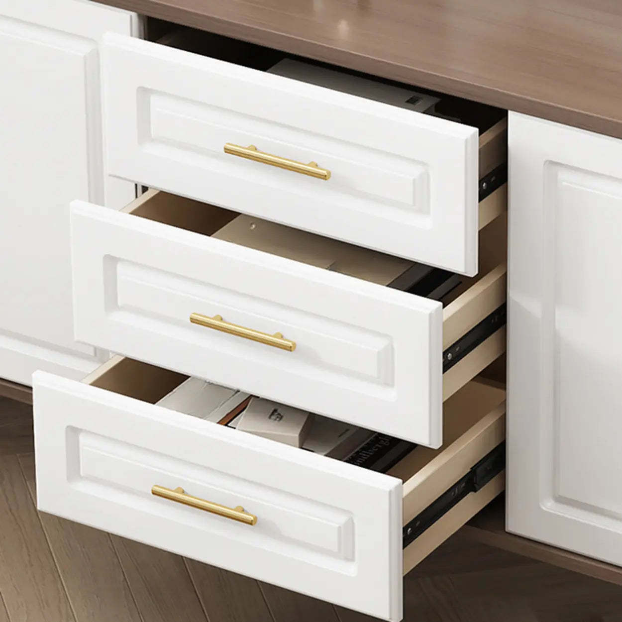 Light Walnut Wood Rectangular TV Stand with Drawers — Warm White / 3