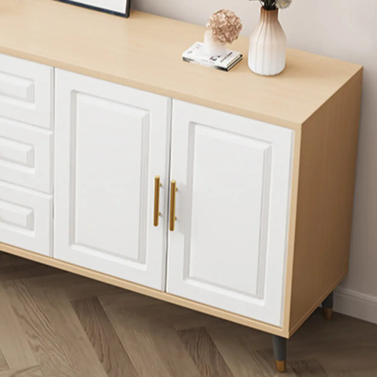 Light Walnut Wood Rectangular TV Stand with Drawers — Warm White / 2