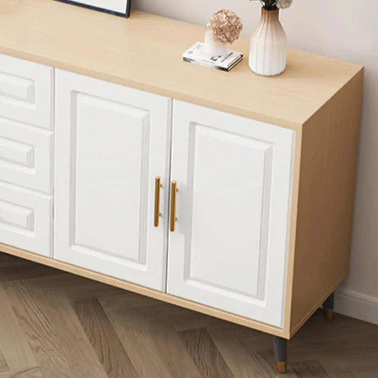 Light Walnut Wood Rectangular TV Stand with Drawers — Warm White / 2