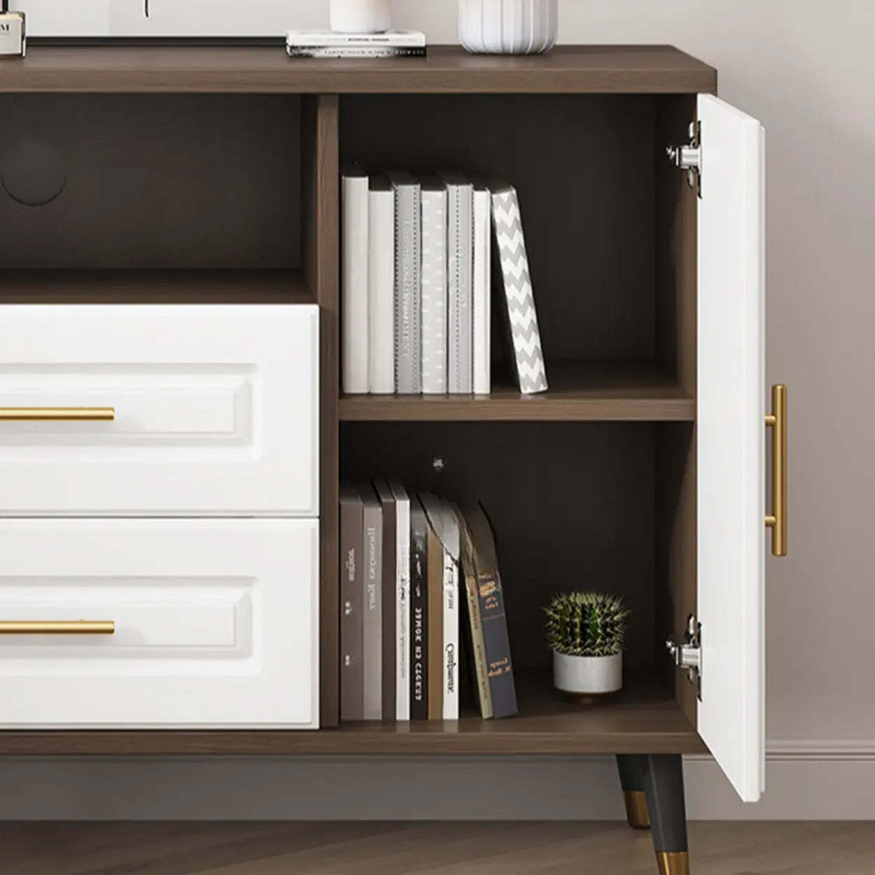 Light Walnut Wood Rectangular TV Stand with Drawers — Warm White / 3