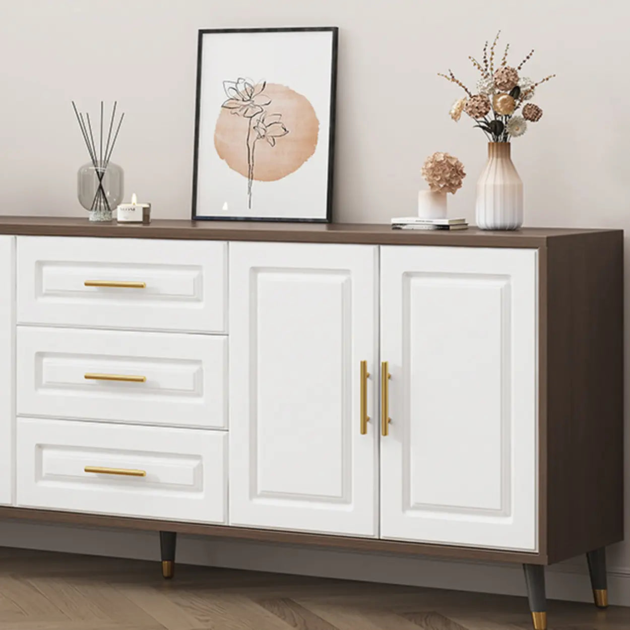 Light Walnut Wood Rectangular TV Stand with Drawers — Warm White / 2
