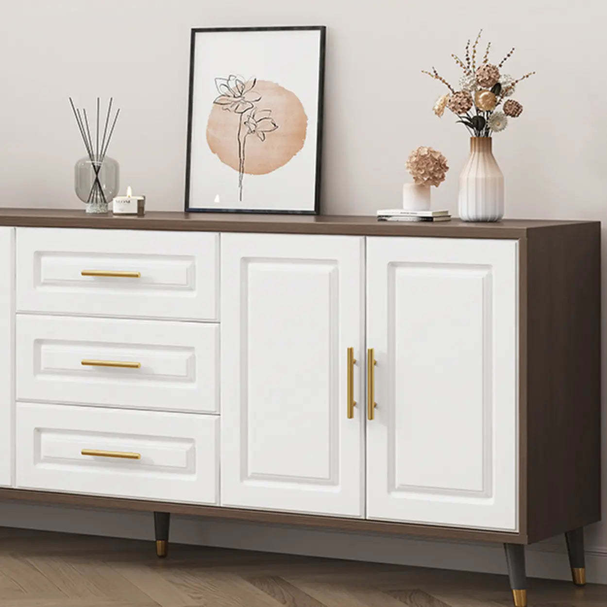 Light Walnut Wood Rectangular TV Stand with Drawers — Warm White / 2