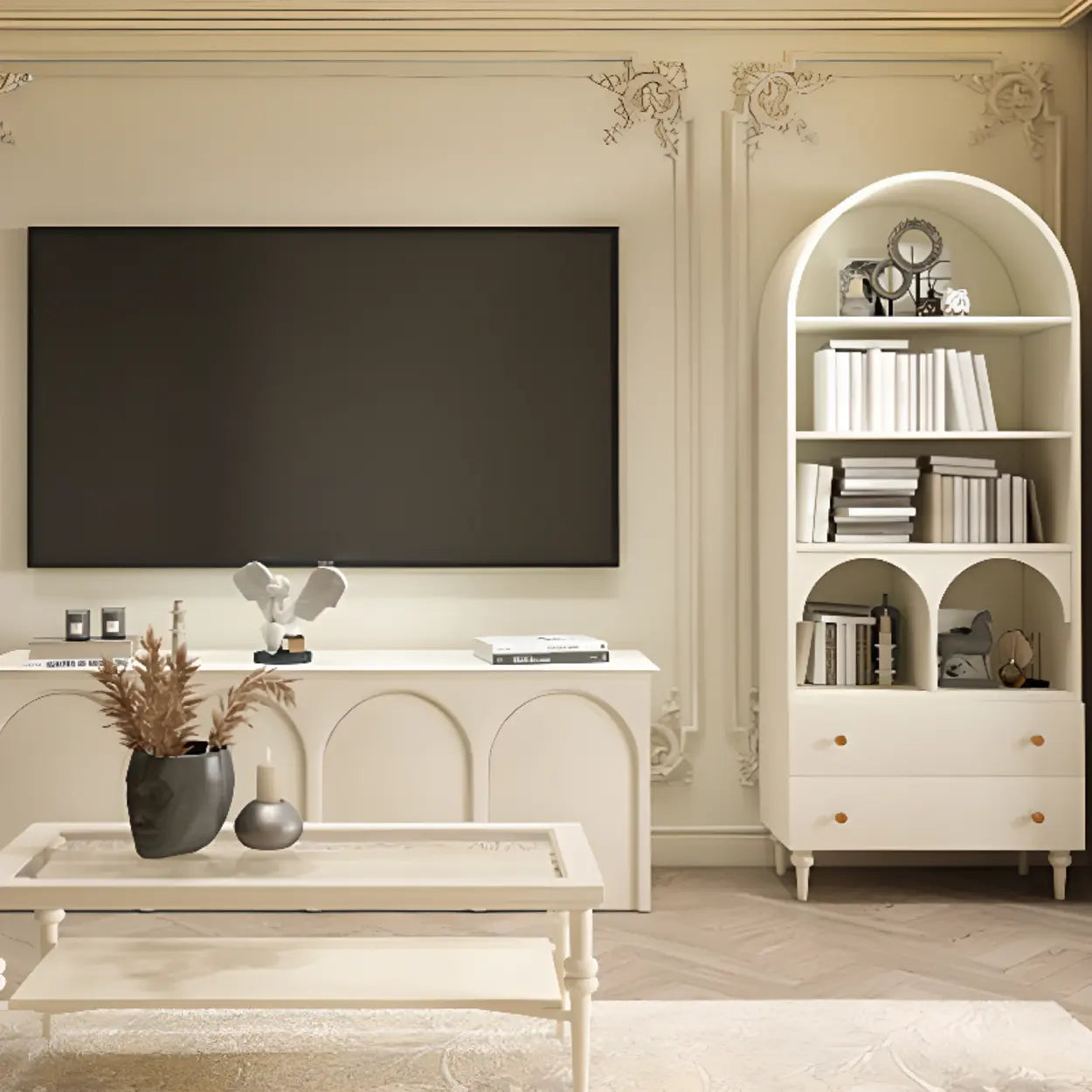 White Arched Glass Display Cabinet — Cream White