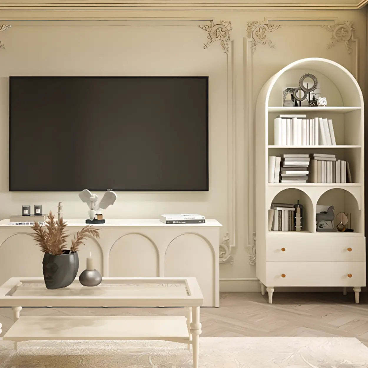 White Arched Glass Display Cabinet — Cream White
