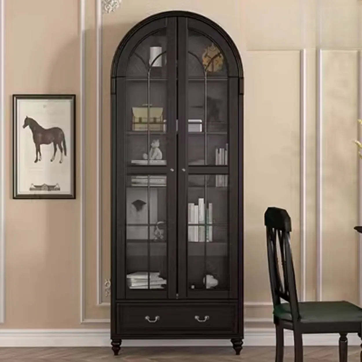White Arched Glass Display Cabinet — Nut-Brown