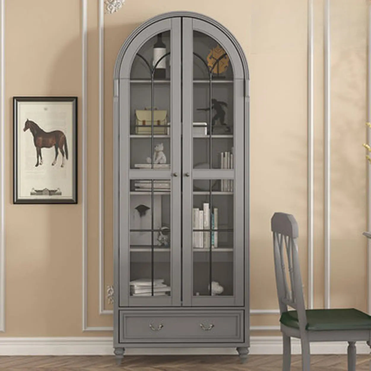 White Arched Glass Display Cabinet — Nut-Brown