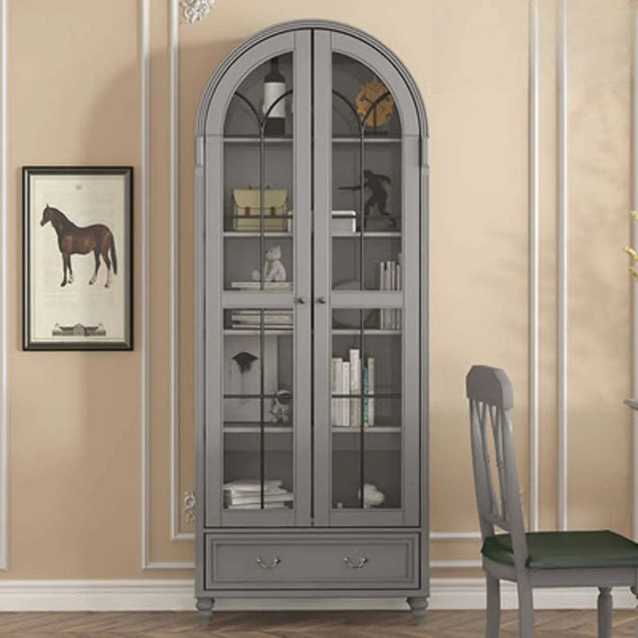 White Arched Glass Display Cabinet — Nut-Brown