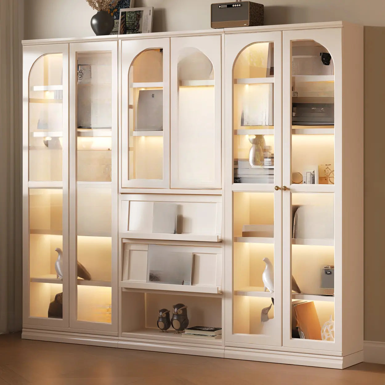 Lighom modern arched large white wine cabinets in glass — 32" L x 13" W x 81" H