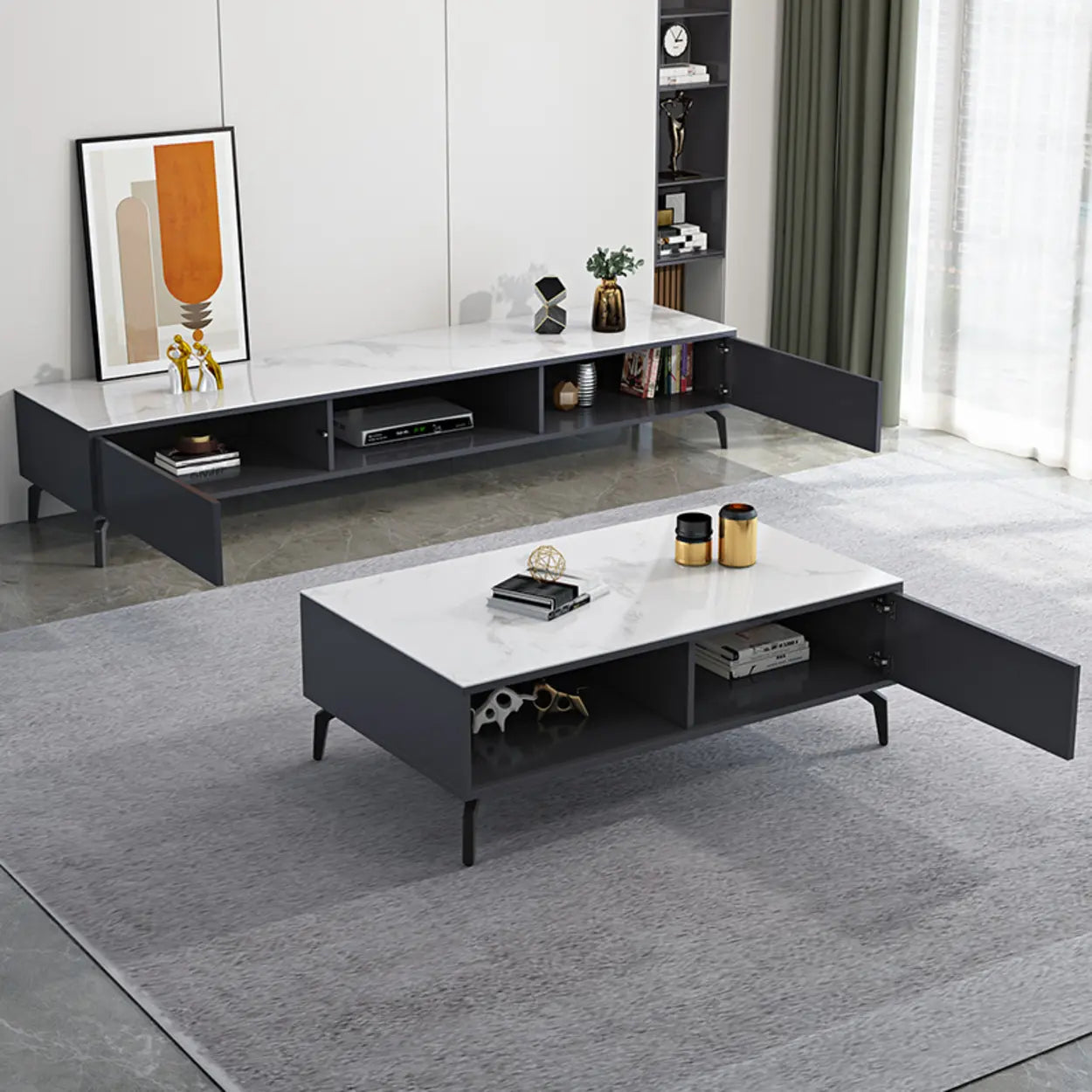 Black Glass Open-Storage Cabinet TV Stand — White