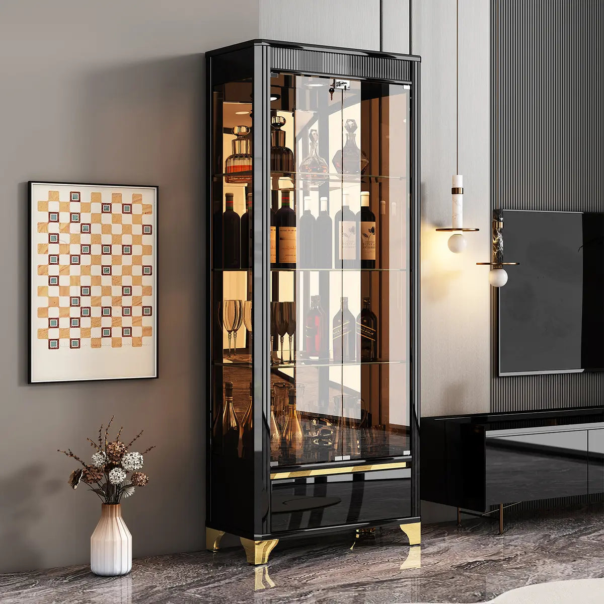 Black Clear Glass Large Display Wine Cabinet