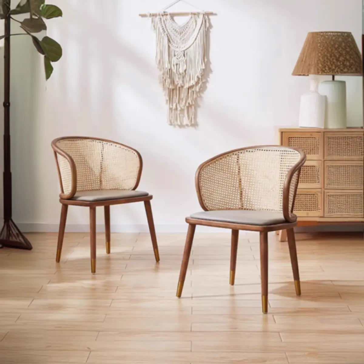 Brown Curved Rattan Back Dining Chair