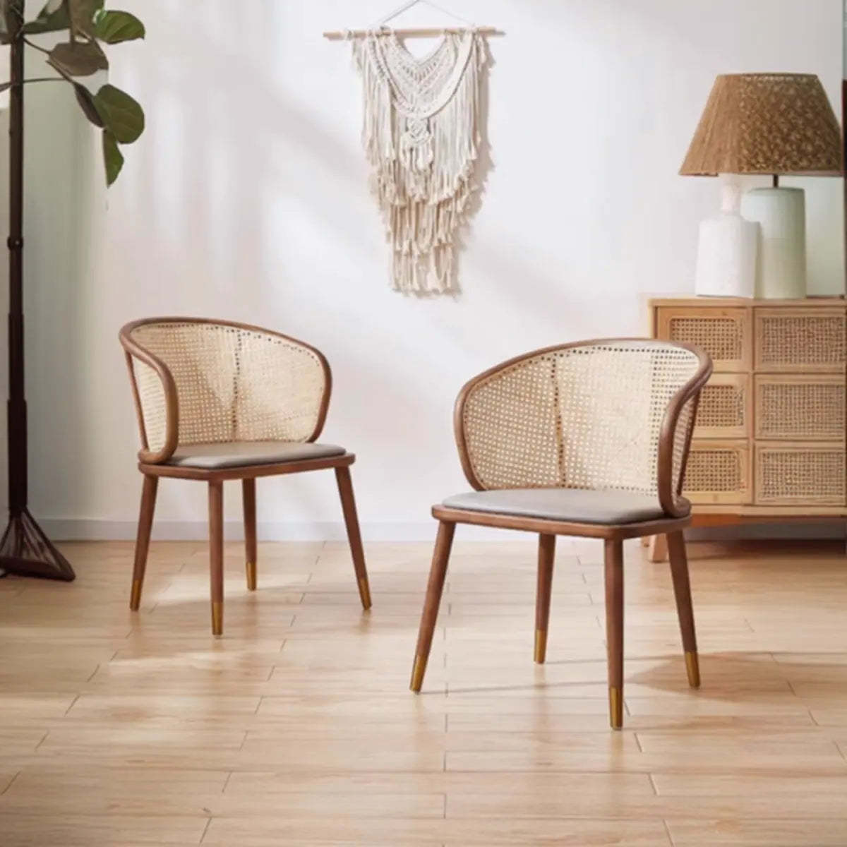 Brown Curved Rattan Back Dining Chair — Black