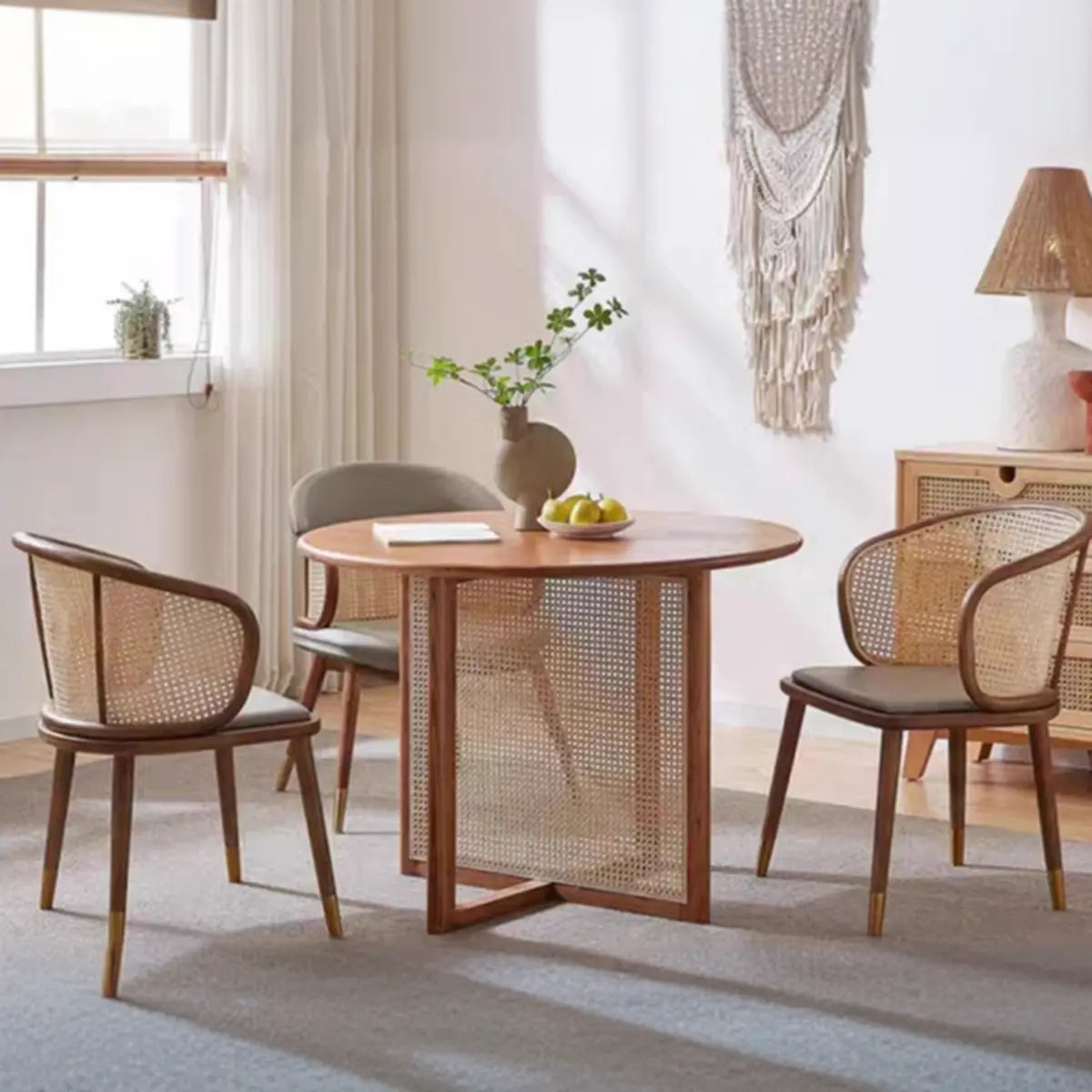Brown Curved Rattan Back Dining Chair — Cherry Wood