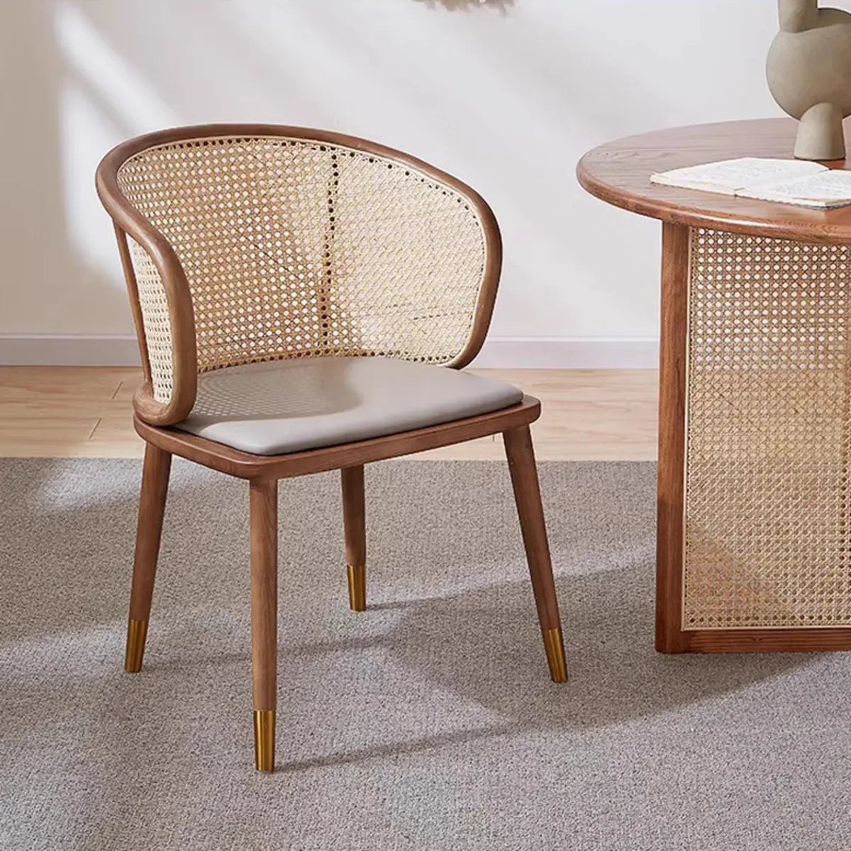 Brown Curved Rattan Back Dining Chair