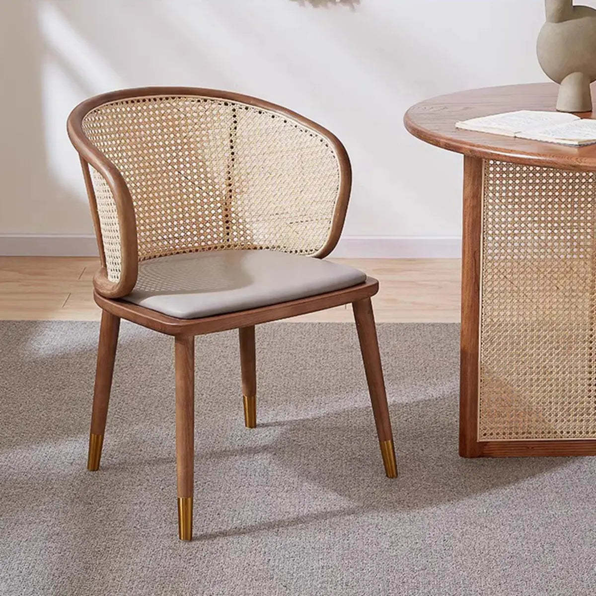 Brown Curved Rattan Back Dining Chair