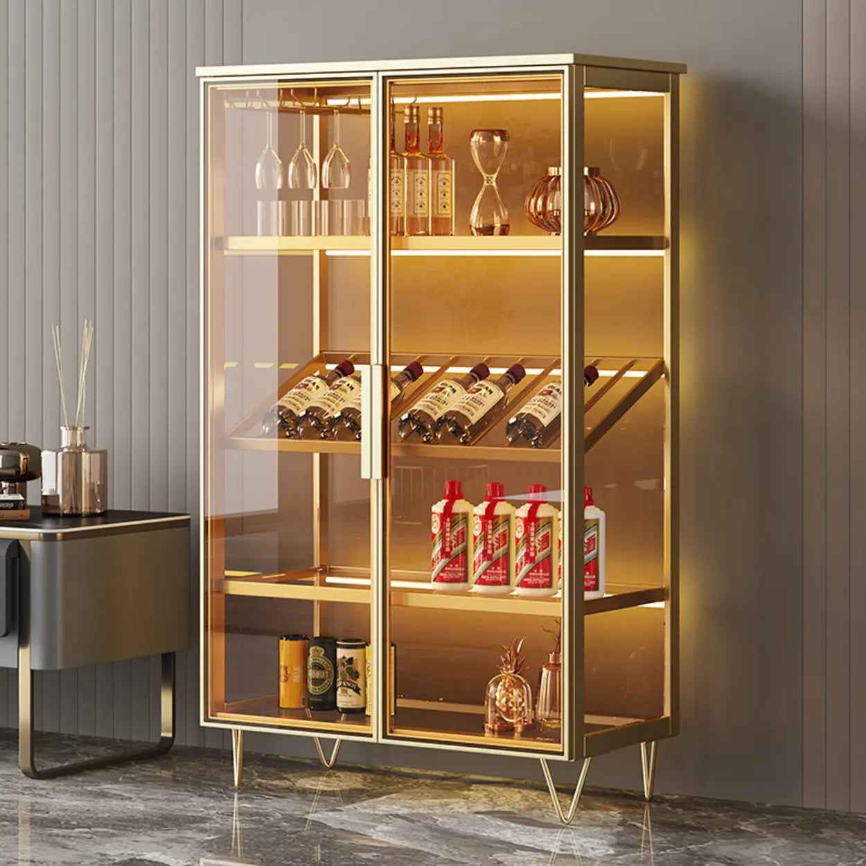 Freestanding Glass Display Wine Cabinet — Grey