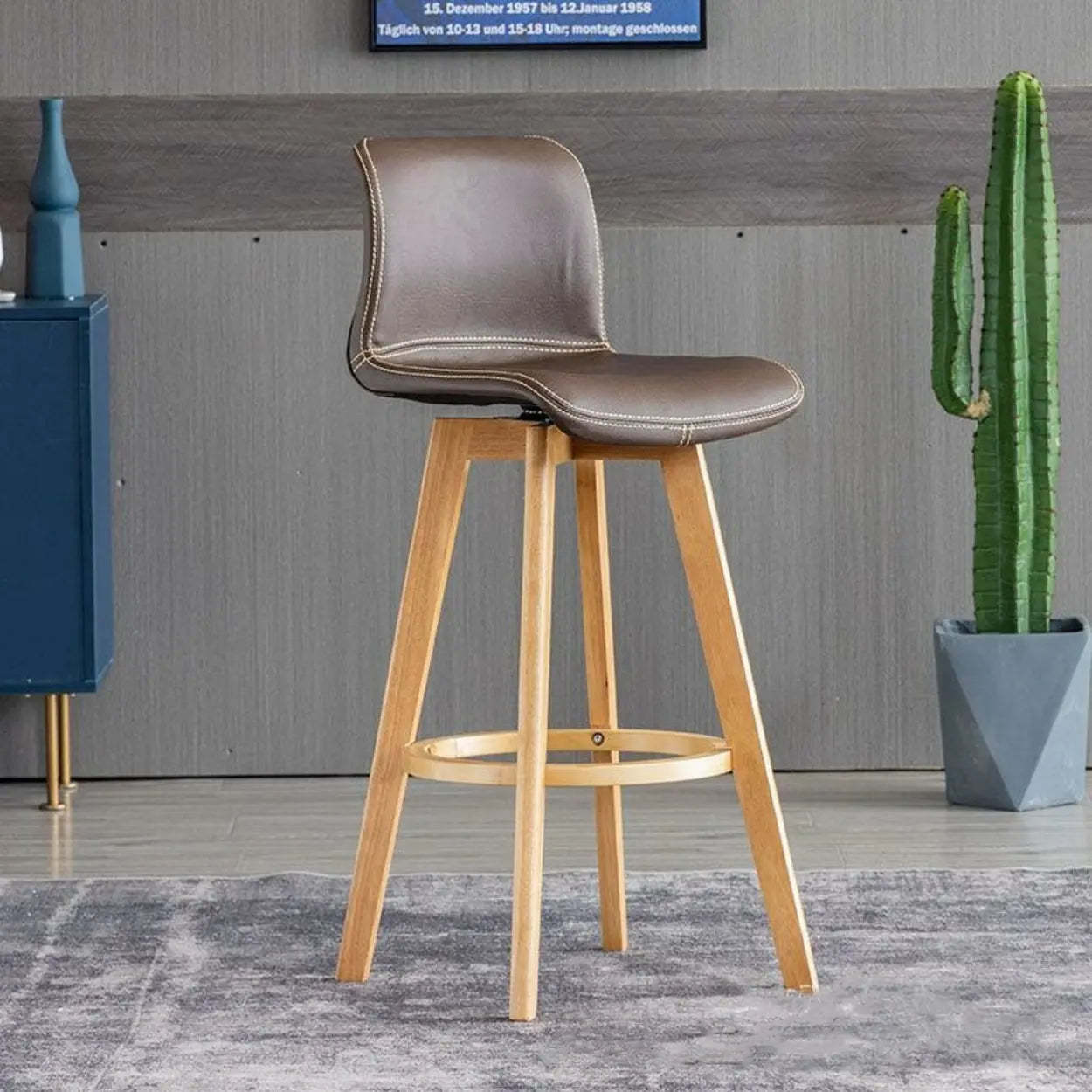 Leather Saddle Seat Wood Bar Stool — Brown / Coffee