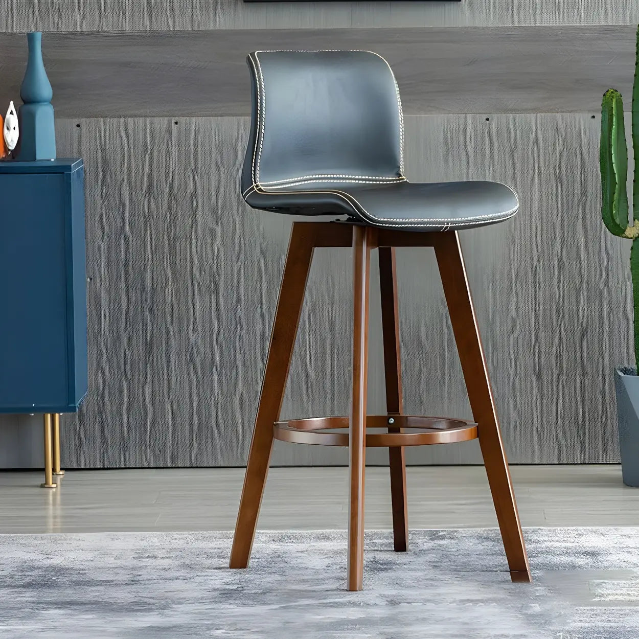 Leather Saddle Seat Wood Bar Stool — Brown / Coffee