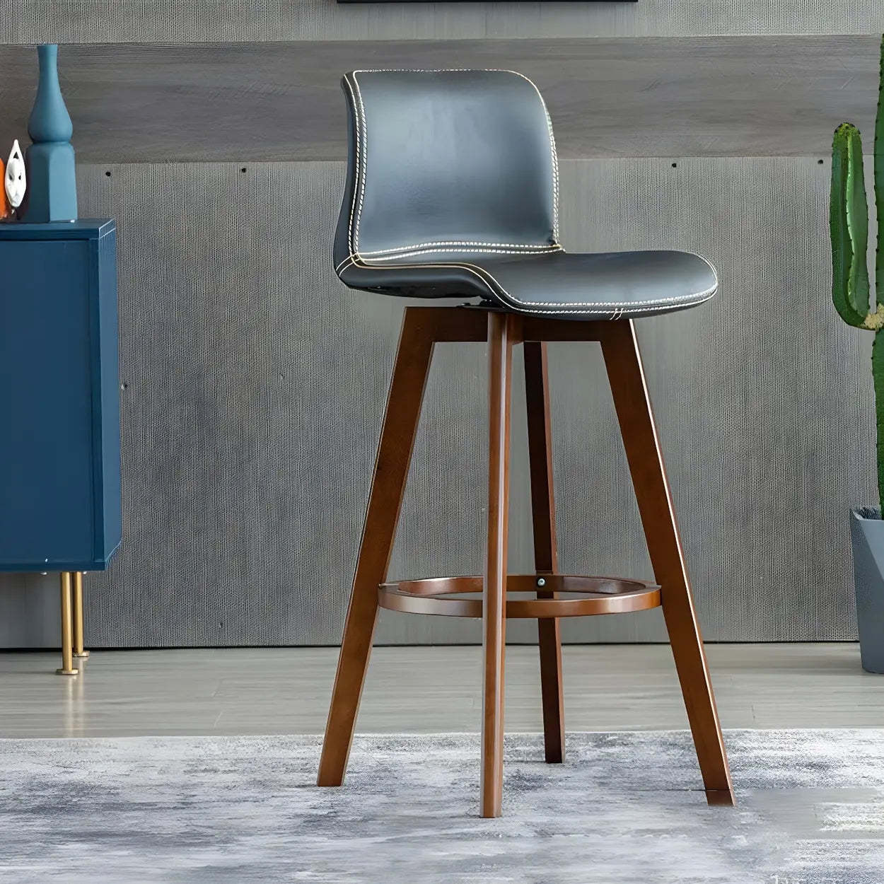 Leather Saddle Seat Wood Bar Stool — Brown / Coffee
