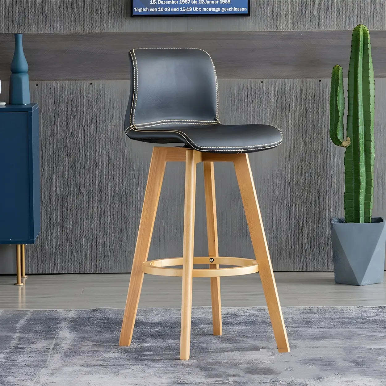 Leather Saddle Seat Wood Bar Stool — Brown / Grey