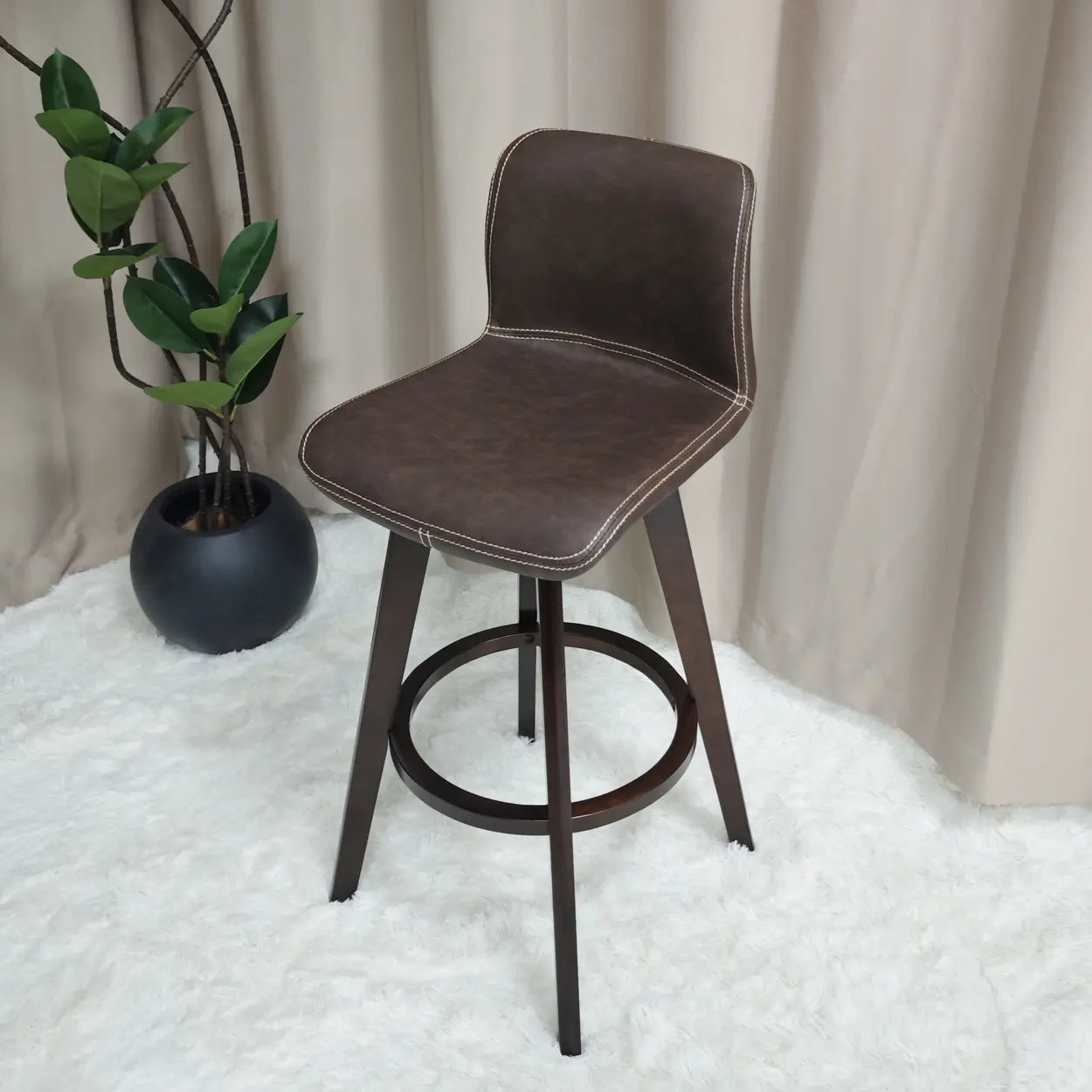 Leather Saddle Seat Wood Bar Stool — Brown / Light Brown