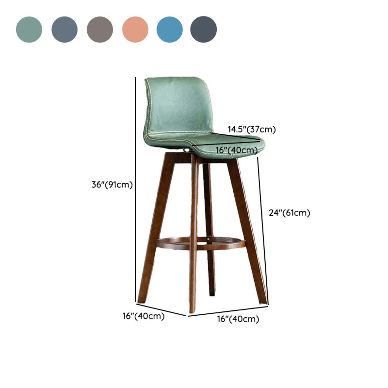 Leather Saddle Seat Wood Bar Stool — Natural / Blackish Green