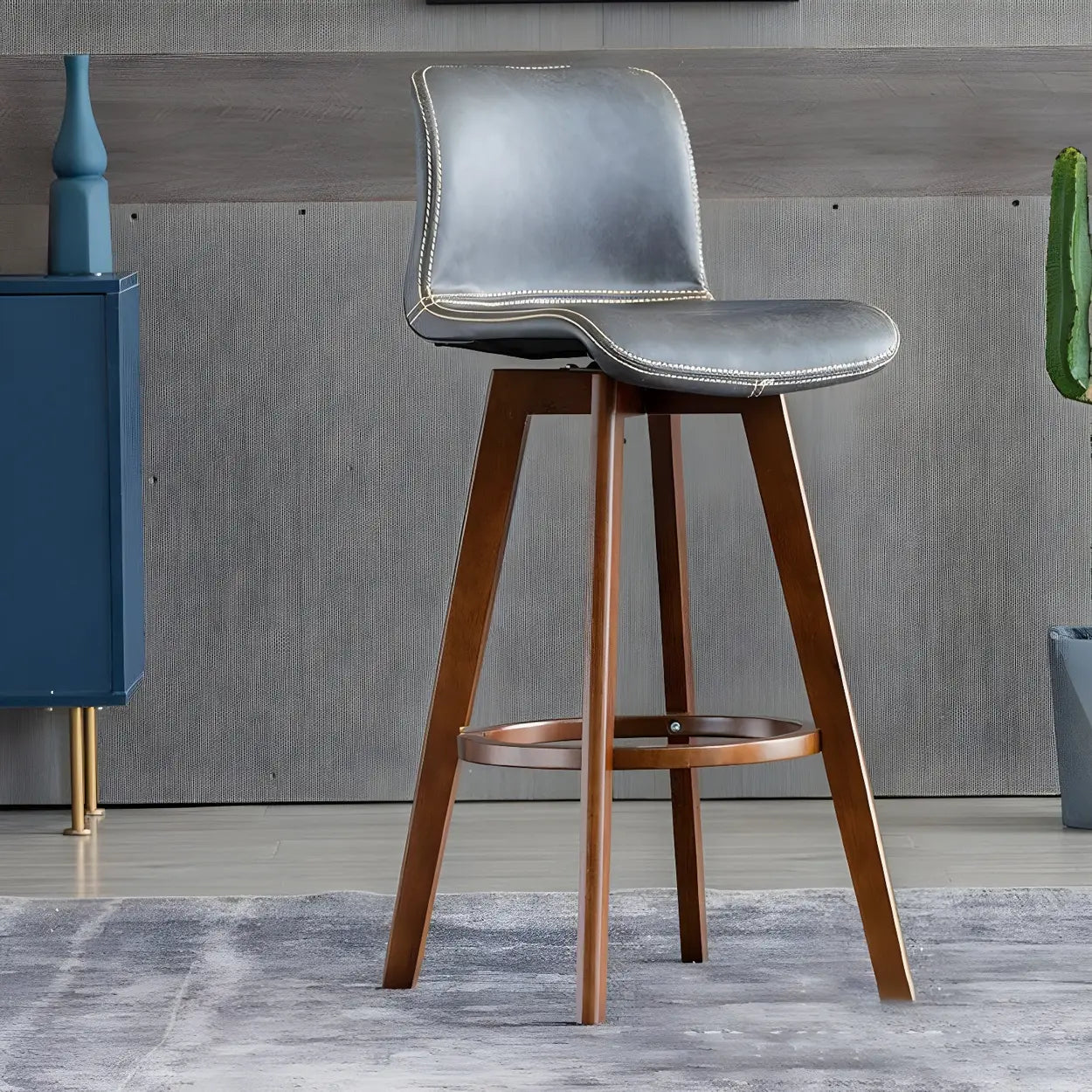 Leather Saddle Seat Wood Bar Stool — Brown / Blackish Green