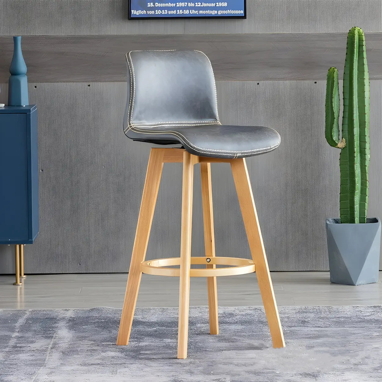 Leather Saddle Seat Wood Bar Stool — Brown / Blackish Green