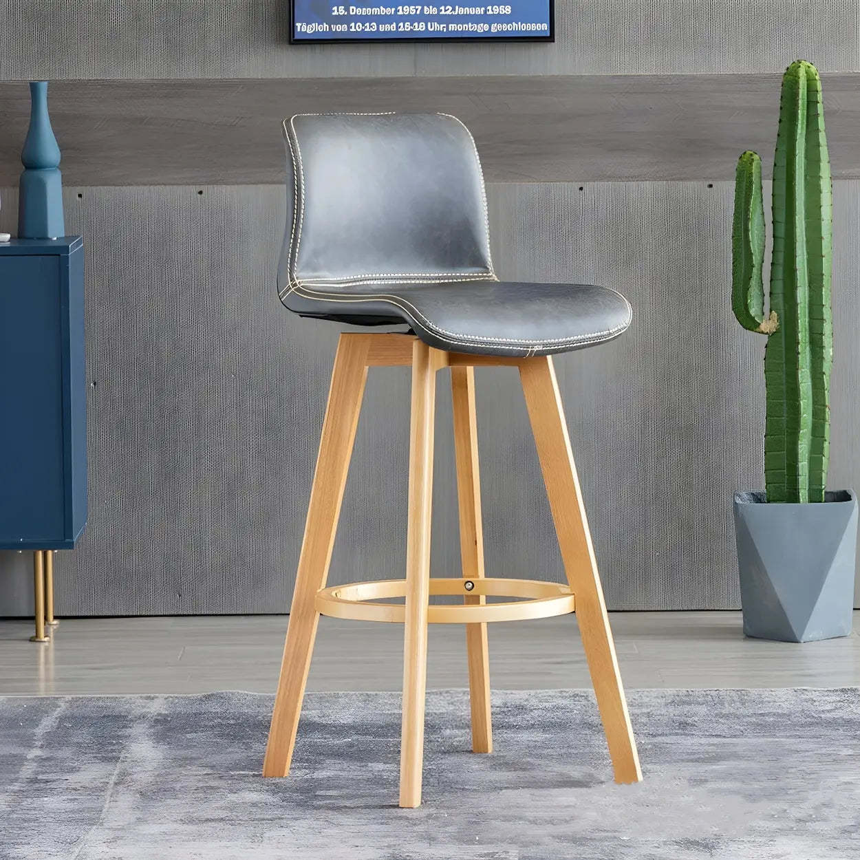 Leather Saddle Seat Wood Bar Stool — Brown / Blackish Green