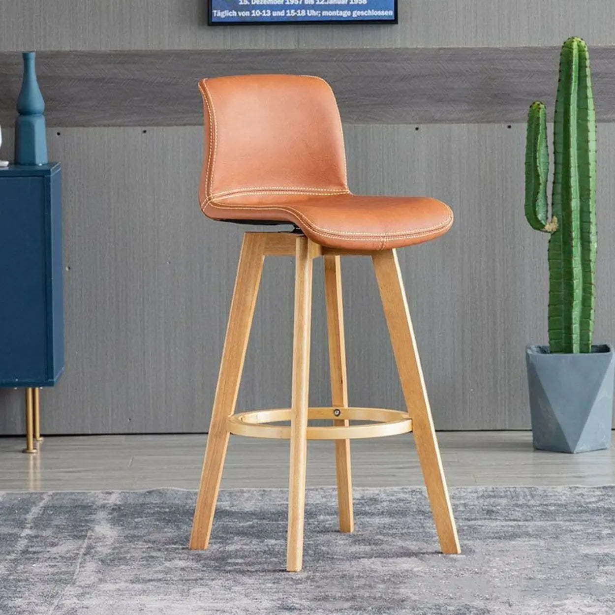 Leather Saddle Seat Wood Bar Stool — Brown / Blue