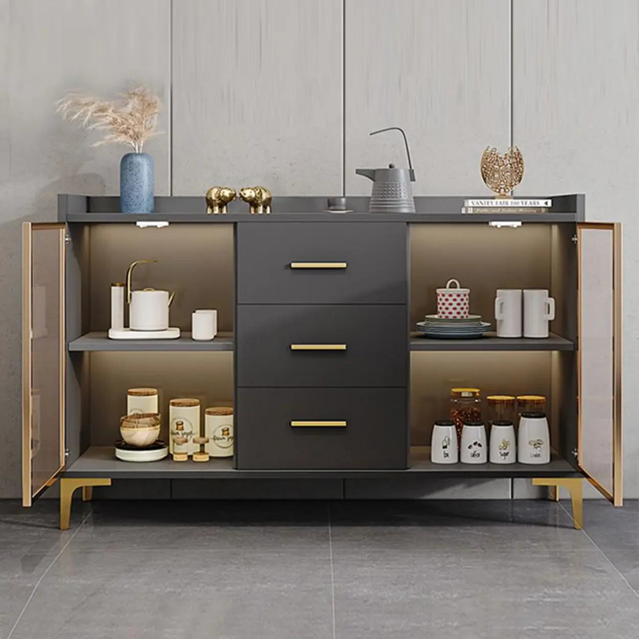 Gray Metal Sideboard China Cabinet — Gray/ Tawny