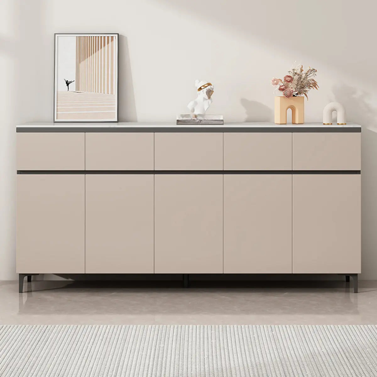 Stone Top White Wood Buffet with Shelves